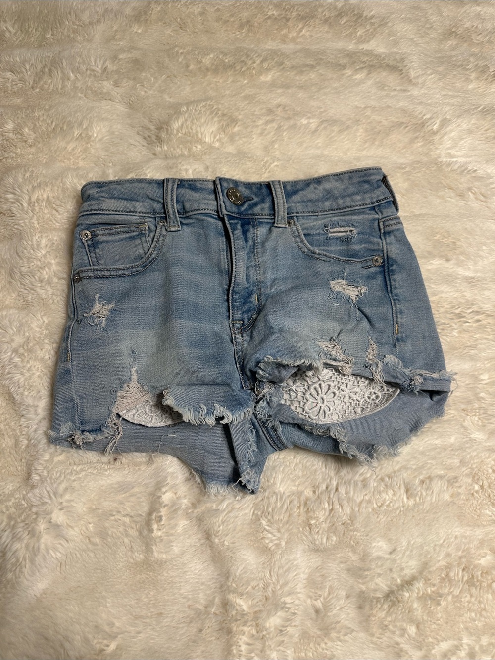American Eagle Outfitters Light Blue Distressed Denim Shorts with Lace Panels